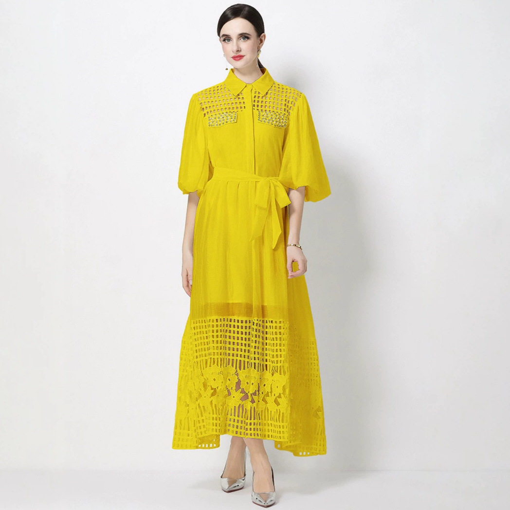 French Elegant Lace Long Dress Beaded Hollow Puff Sleeves High End Sophisticated Style for Special Occasions