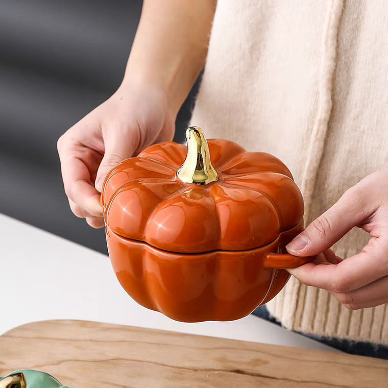 Creative binaural pumpkin ceramic bowl with lid household stew bowl kitchen children's soup bowl steamed egg salad dessert baking bowl