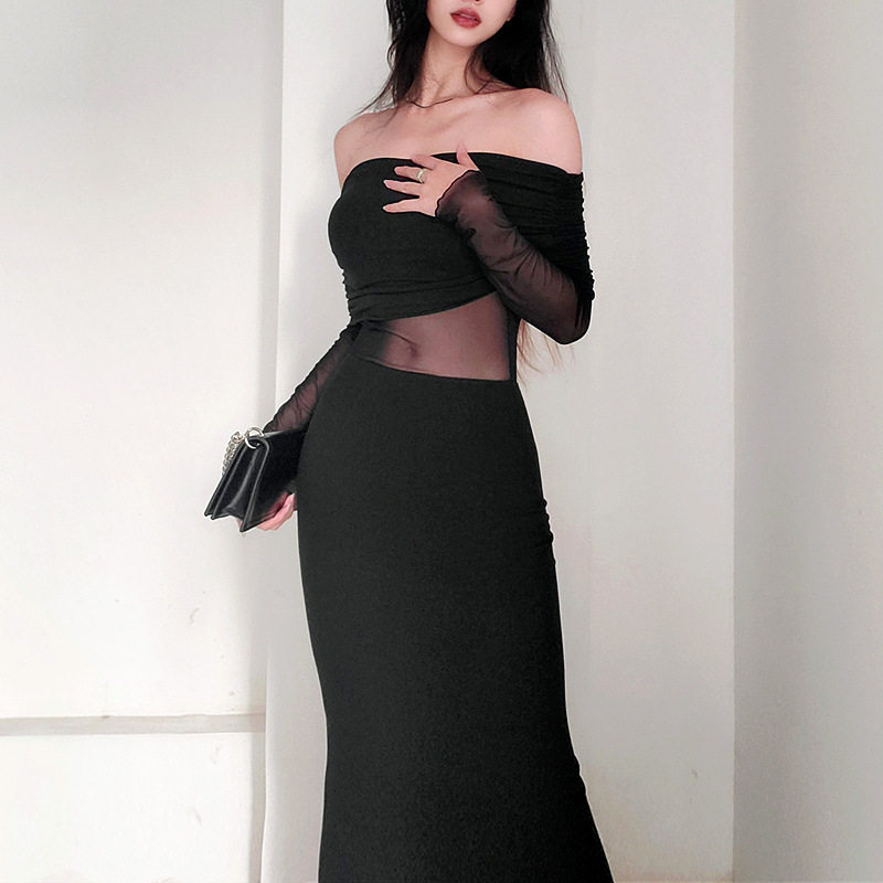 Off Shoulder Ruched Long Sleeve Dress Elegant French Style Autumn Fashion Sexy Silhouette Wholesale Available