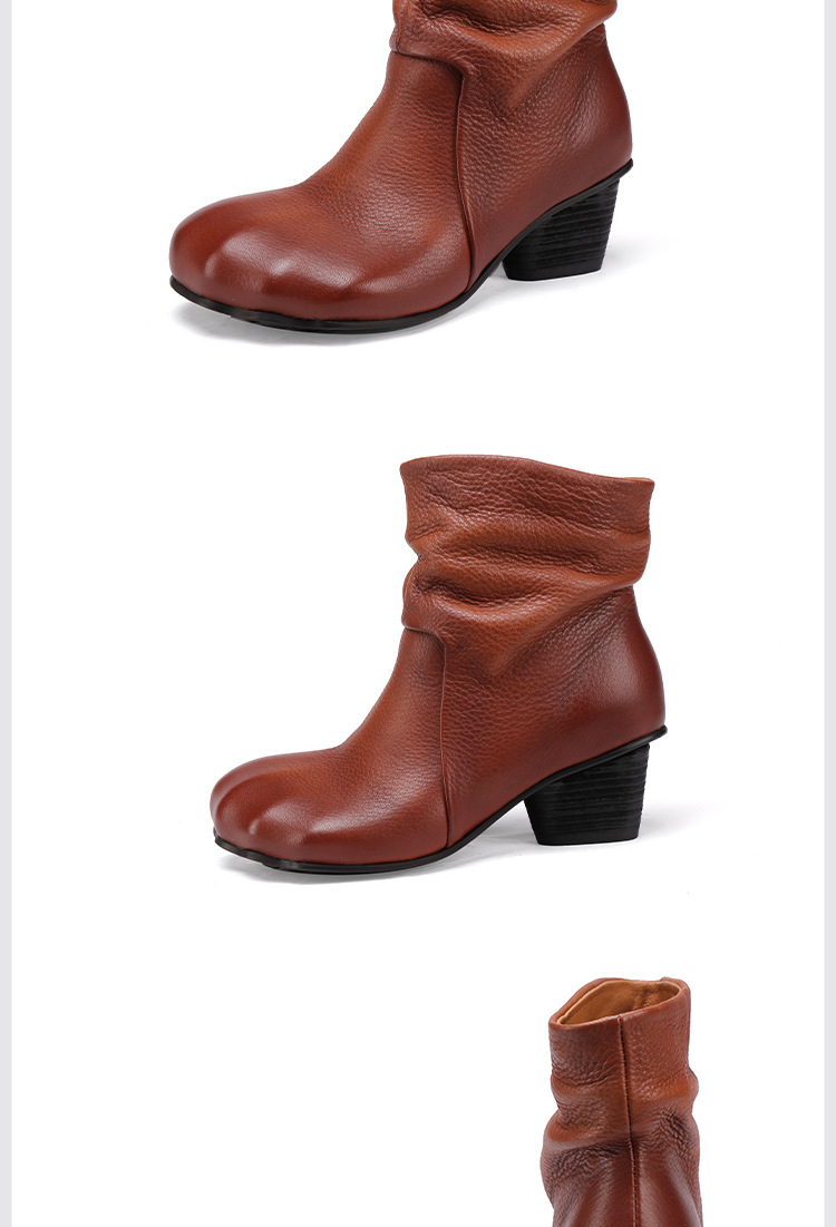 Boot nữ cổ thấp da bò thật gót vuông phong cách cổ điển — đen, màu nâu
