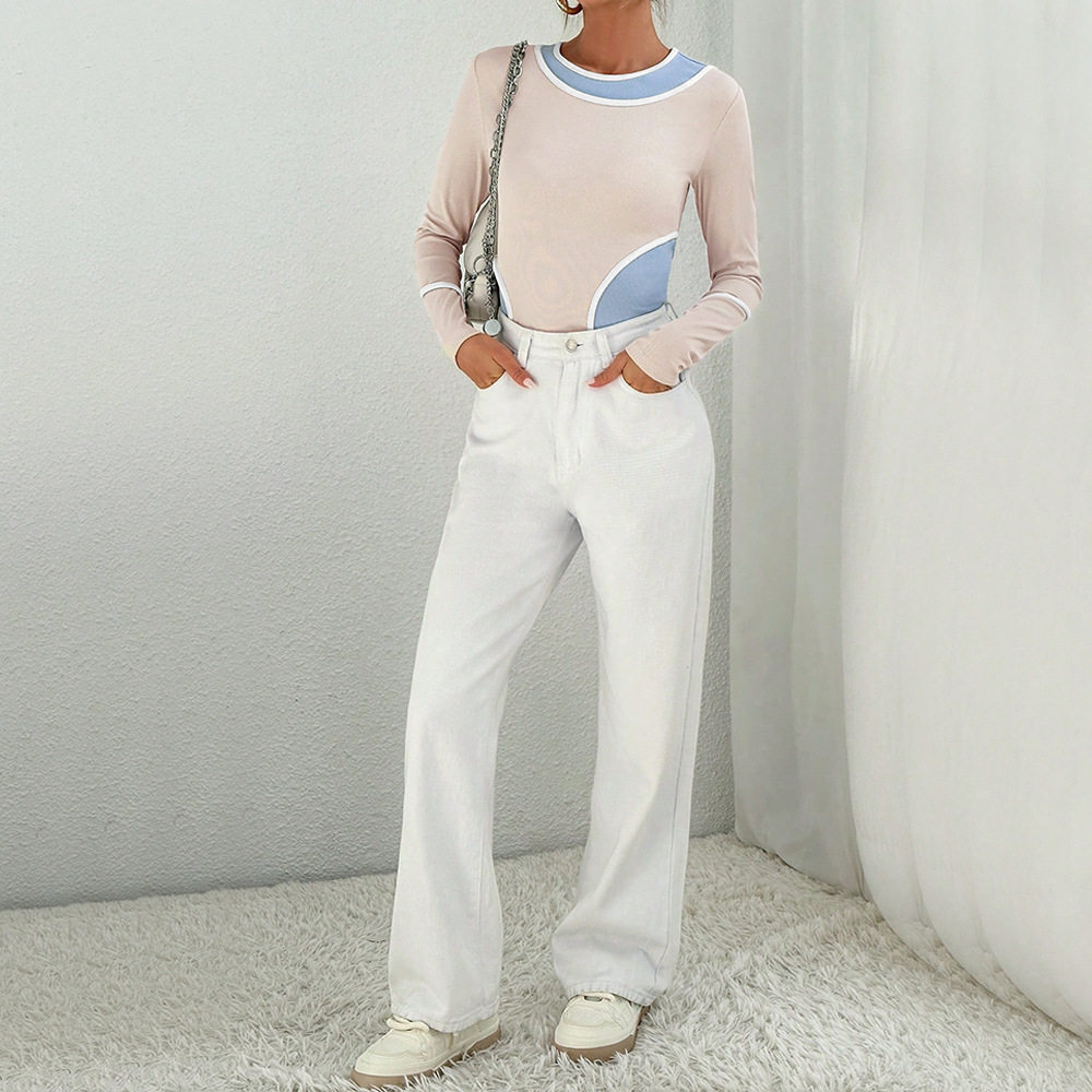 Womens Color Block Long Sleeve Knit Top Slim Fit Stretch Fabric Versatile Style Perfect for Casual or Office Wear
