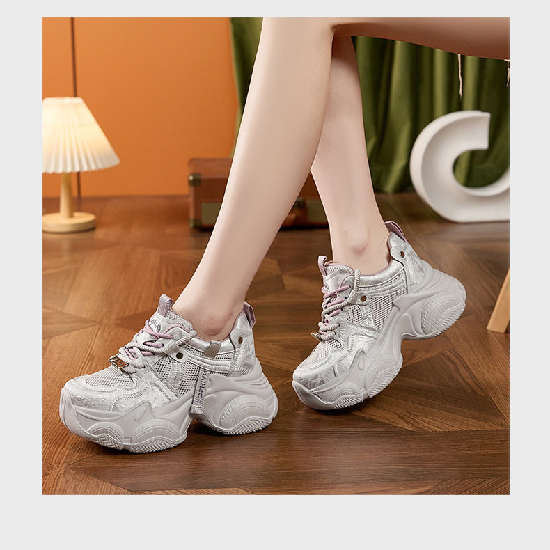 Giày sneaker nữ đế dày chunky lưới thoáng khí gót siêu cao 8 cm — Xám hồng, Len nguyên chất chi tiết 13