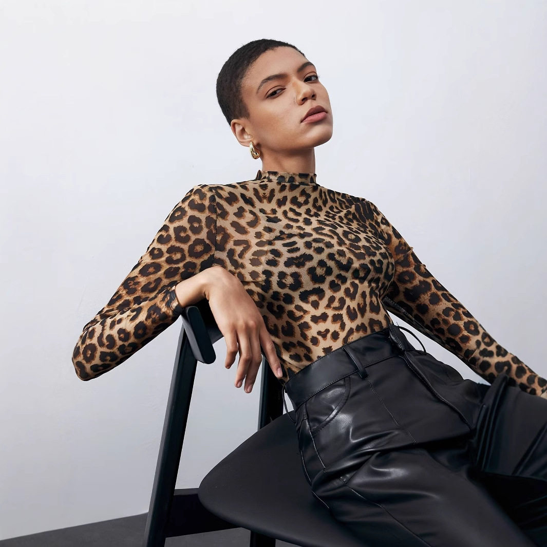 Womens Sheer Long Sleeve T Shirt Leopard Print Round Neck Lightweight Fabric Summer Fashion Wholesale Available
