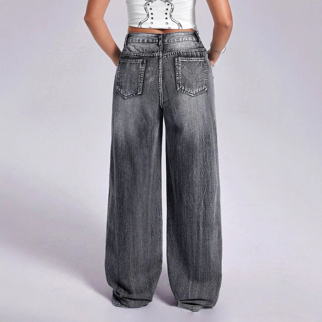 Vintage Embroidered Cross Denim Jeans Womens Straight Leg Retro Style Casual Wear Wholesale Available