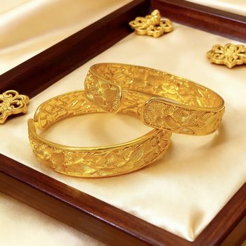 Gold-Plated Jewelry with Peony Flower Design, Open Bracelet, Jade Design, Non-Fading, Chinese Style, Retro Peony Pattern, Ethnic Style