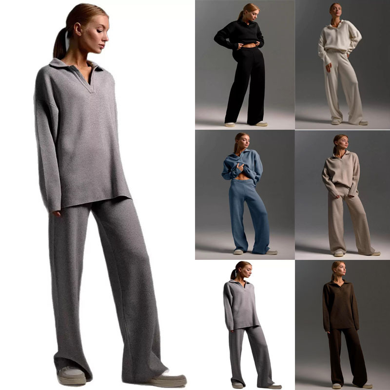 2025 Fashion Amazon Tiktok Cross-Border European and American Solid Color Autumn and Winter Suit Polo Pullover Wide-Leg Two-Piece Set