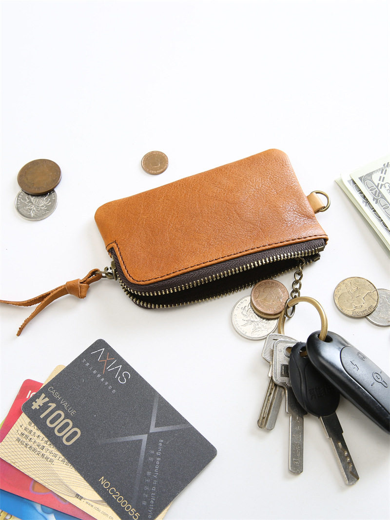 Men's Short Genuine Leather Zipper Wallet, Vegetable-Tanned First-Layer Cowhide Coin Purse, Multi-Functional Key Bag, Women's Key Bag