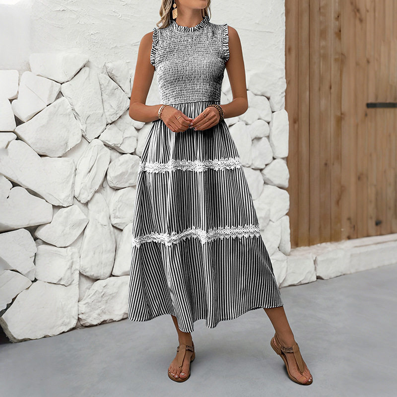 Summer Sleeveless Dress Sweet Lace Trim Striped Pattern Casual Style Perfect for Warm Weather Occasions Wholesale
