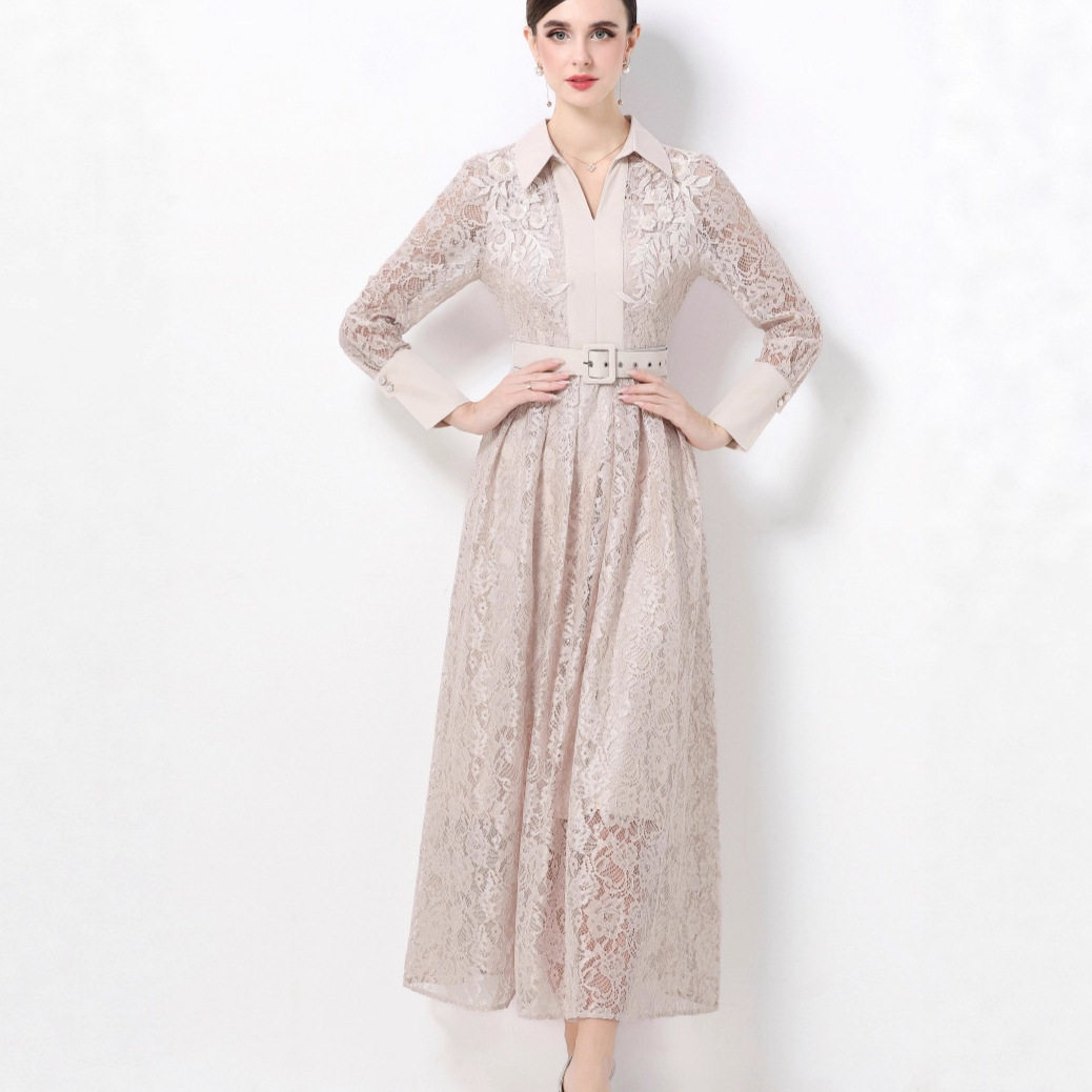 French Style Long Sleeve Dress Exquisite Beaded Sequin Embellishments Lace Flared Hem Elegant Evening Gown Custom