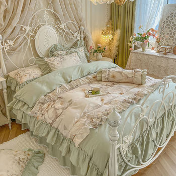 French 100% Cotton Four-Piece Set of Palace Princess Style Pastoral Bed Skirt Pure Cotton Lace Quilt Cover Bedding for Girls