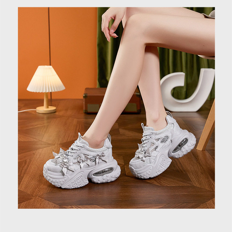 Giày cao gót nữ đế xuồng platform lưới thoáng khí, gót siêu cao 8cm, mũi tròn, dây buộc — Bạc, Trắng chi tiết 13