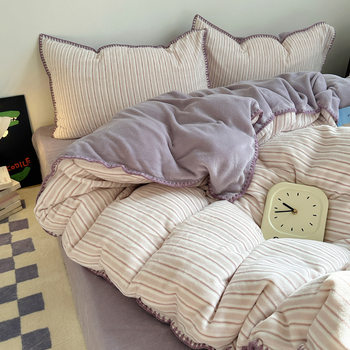 Soft Fufu Autumn and Winter Unprinted Milk Velvet Four-Piece Set Double-Sided Thickeneded Warm Coral Velvet Bed Bed Sheets Quilt Cover Three-Piece Set