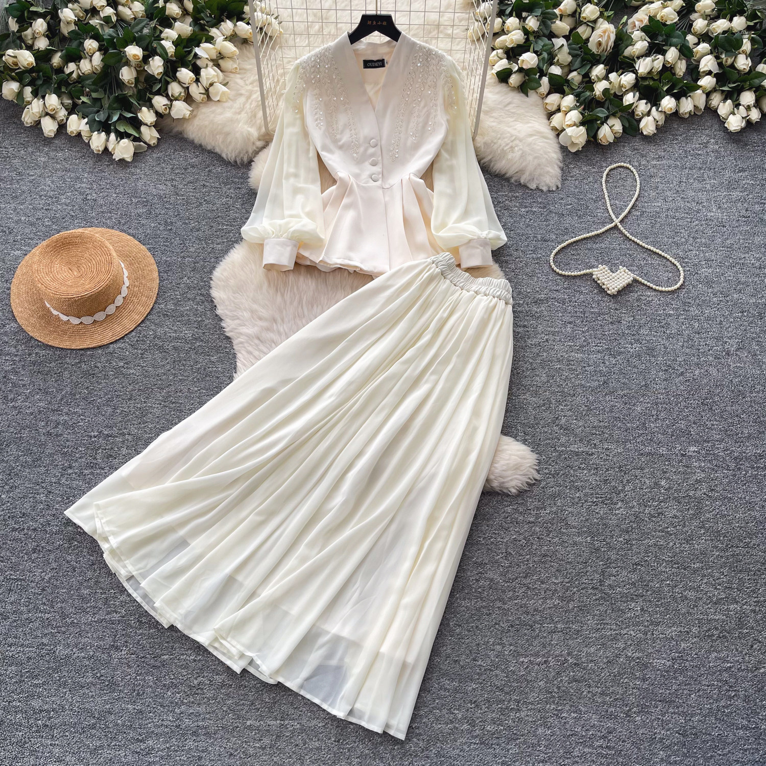 French Style V Neck Embroidered Jacket with High Waisted Pleated Skirt Elegant Lightweight Two Piece Set for Fall