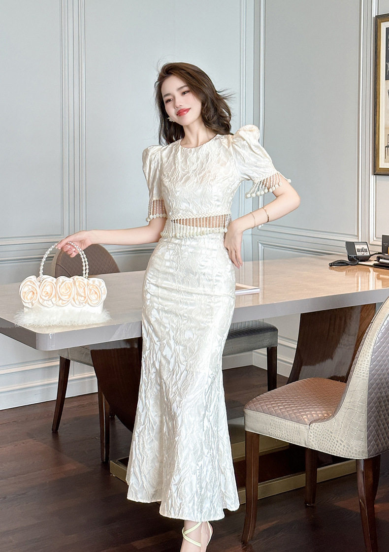 Đầm ôm body nữ cổ tròn tay bồng đuôi cá — [Màu hồng đào] chi tiết 7