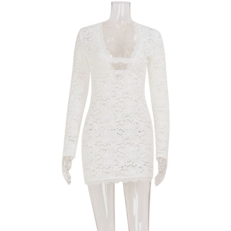 Lace Bodycon Mini Dress Sheer Hollow Out Low Cut Slim Fit Nightclub Party Wear Wholesale Available