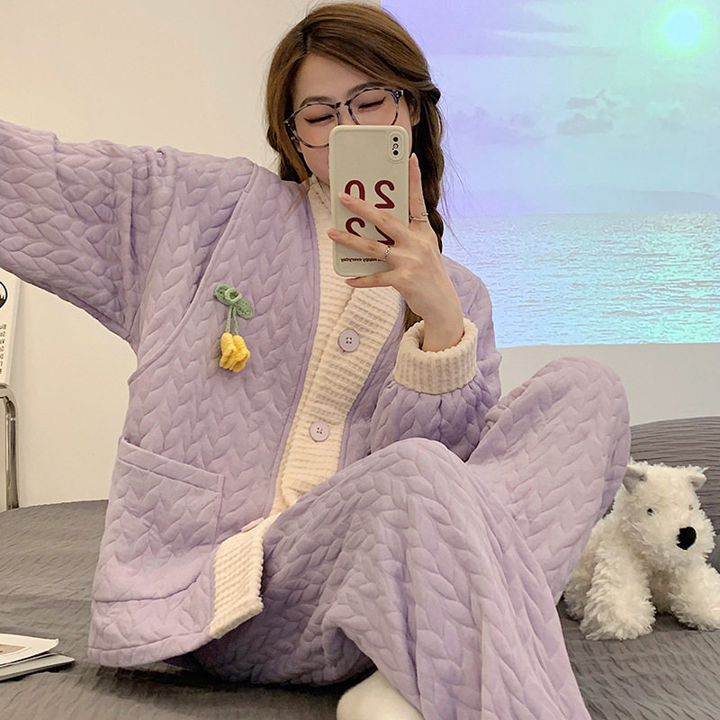 Autumn and Winter Lunch Clothing Thickened Sandwich Air Cotton Lace Long Sleeve Trousers Postpartum Nursing Pregnant Women's Pajamas Women's Suit