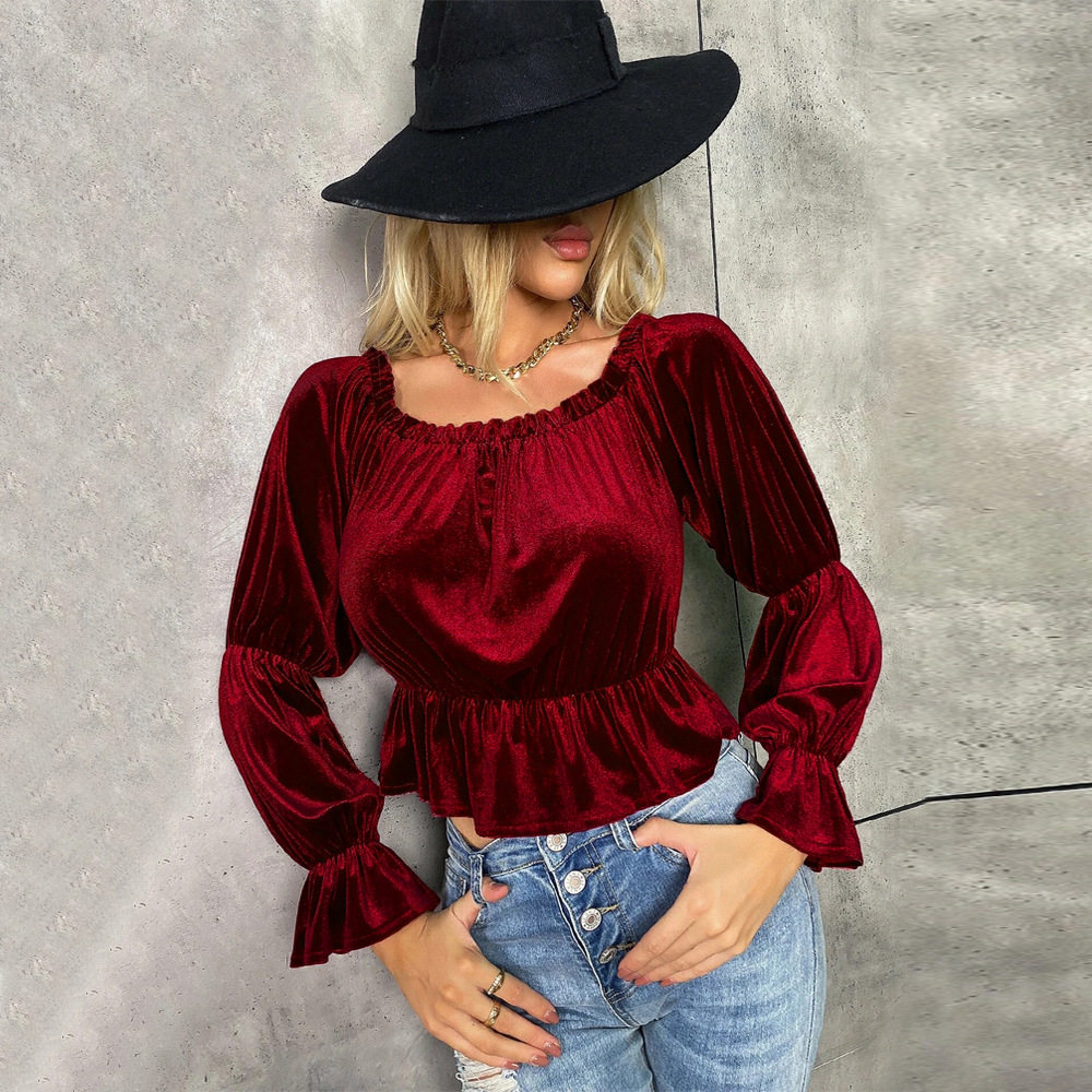 Womens Long Sleeve T Shirt Off Shoulder Neckline Ruffle Detail French Style Velvet Fabric Spring Summer Collection