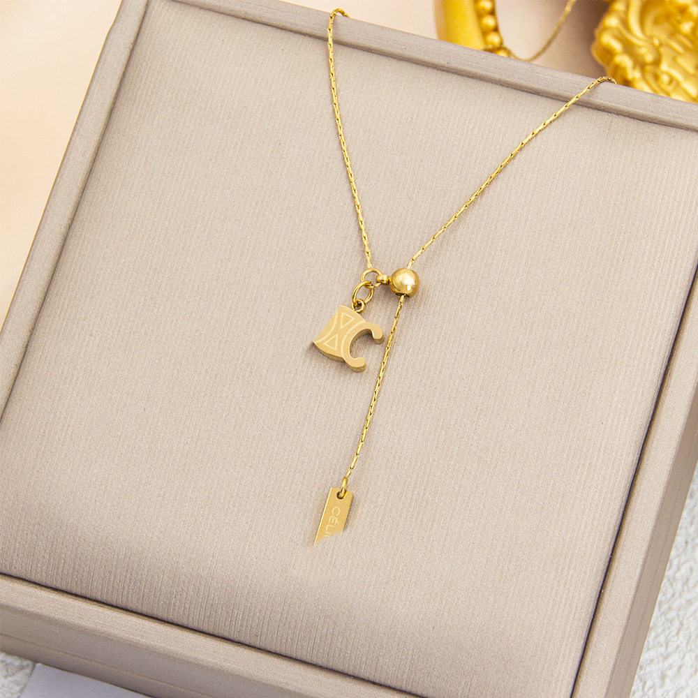 Titanium Steel K-Style English Letters Y Jiaxiangjia Pendant Necklace Accessible Luxury Simple Fashion Clavicle Chain Non-Fading Gold Beans