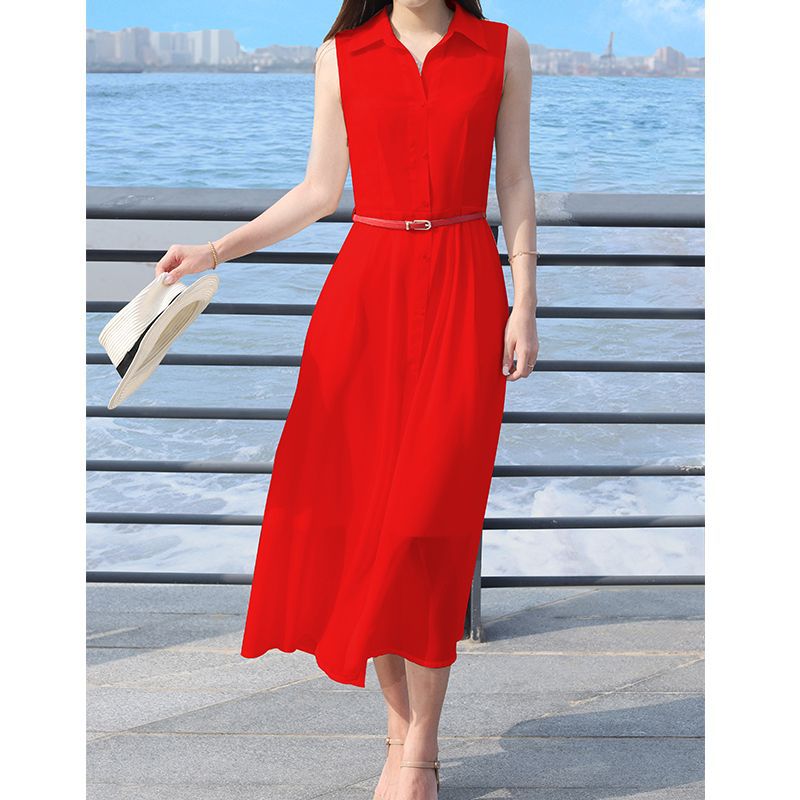 Chiffon Sleeveless Dress Shirt Collar Solid Color Slim Fit Elegant Style Perfect for Summer Vacations Wholesale