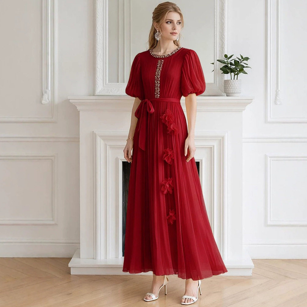 French Style Red Embellished Dress Summer Slim Fit Elegant Long Length Perfect for Formal Occasions Wholesale