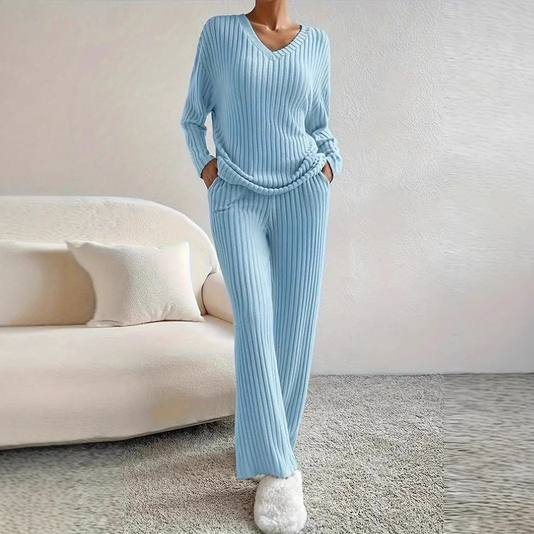 2025 Autumn and Winter Suit Cross-Border New Home Fashion Casual Straight Pants Elegant Loose V Neck Pit Strip Two-Piece Set