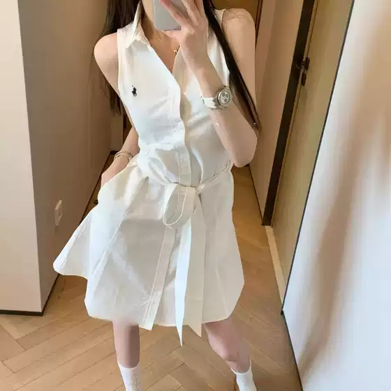 25 Correct Version of Pony Embroidered Spring and Summer White Polo Collar Sleeveless Dress Women's Retro Slim Shirt Skirt