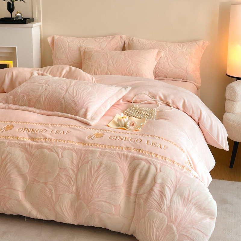 Category a Maternal and Infant Grade Thickeneded Carved Milk Velvet Four-Piece Set Autumn and Winter High Weight Rabbit Fur Warm Bed Four-Piece Set