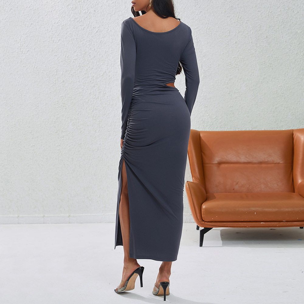 Bodycon Midi Dress Slim Fit Sexy Hollow Out Side Slit Autumn Winter Party Wear Wholesale Available