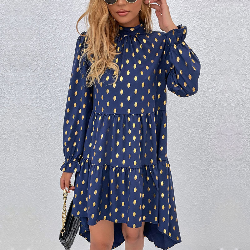 Polka Dot Midi Dress Gold Foil Print Loose Fit Half Turtleneck Casual Wear for Women Wholesale Available