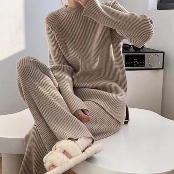 Solid Color Split Sweater Wide Leg Pants Two-piece Set Women's Spring 2023 New Fashion Loose Spring and Autumn Knitted Suit
