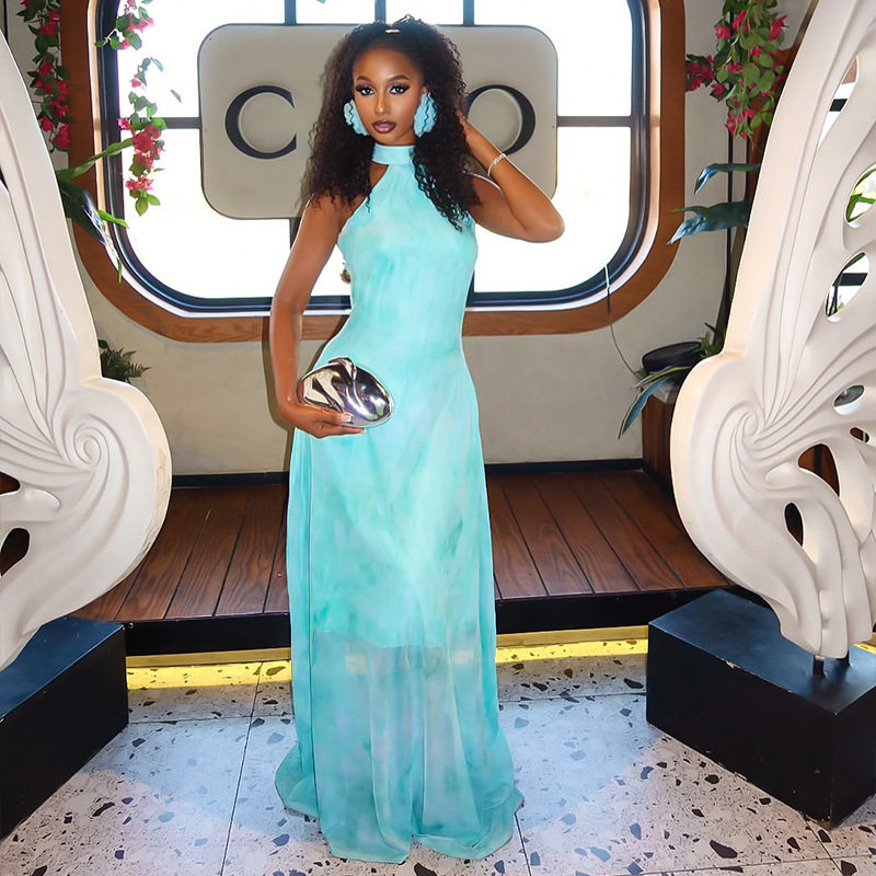 Casual A Line Dress Halter Neck Color Block Waist Defining Lightweight Fabric Beachwear or Summer Outing