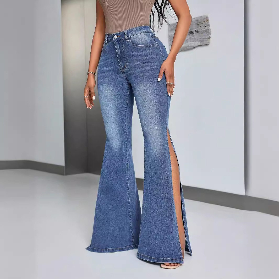 High Waisted Flared Jeans Slim Fit Split Hem Stretch Denim Casual Wear for Women Wholesale Available