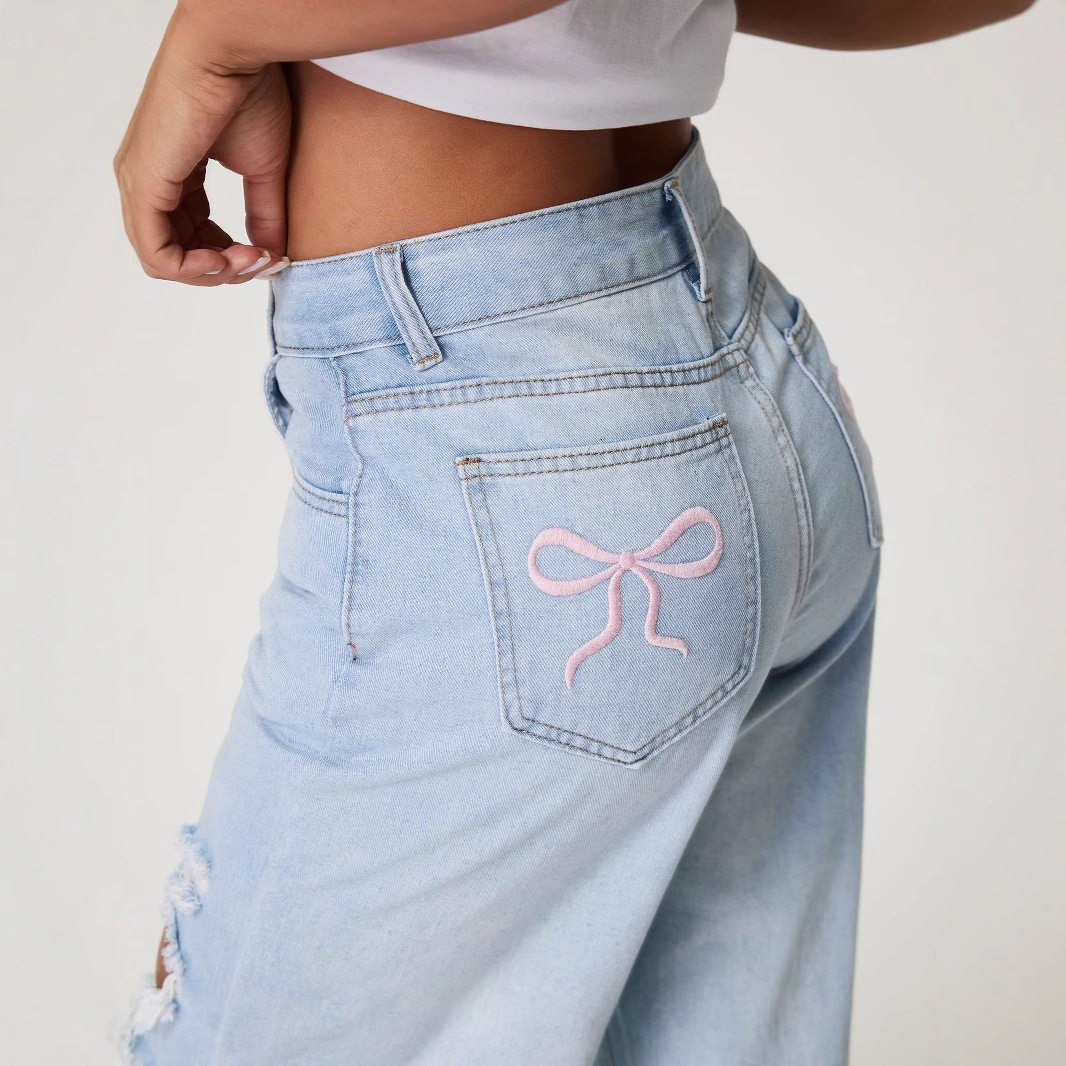 Loose Fit Butterfly Embroidered Ripped Denim Pants Womens Casual Style Perfect for Everyday Wear Ready to Ship