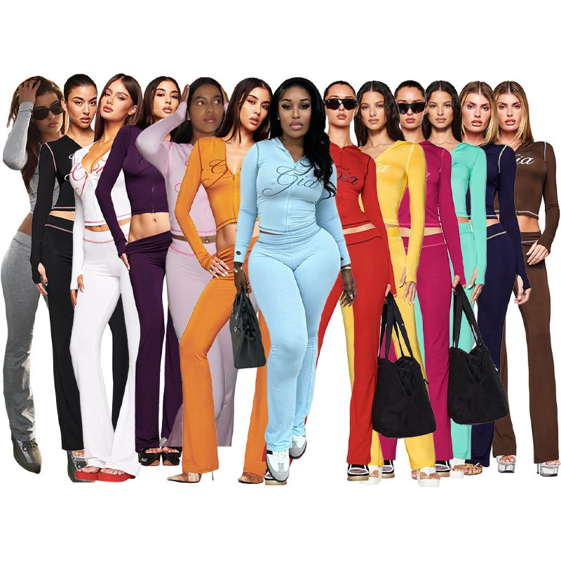 HR25071 欧美时尚女装跨境货源印花连帽长袖拇指扣微喇叭两件套装