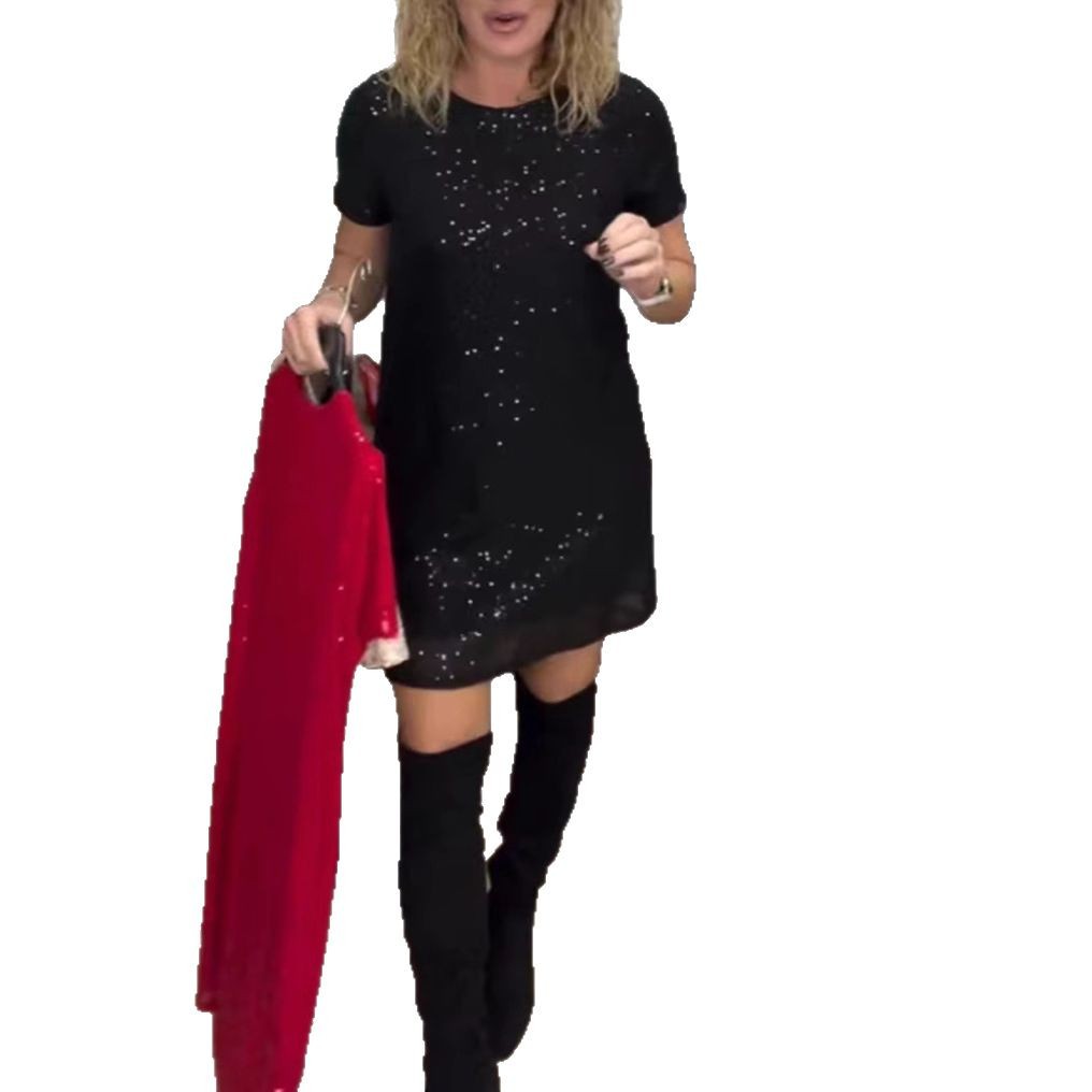 Elegant Sequin Short Sleeve Dress Round Neck Autumn Winter Style Perfect for Parties Wholesale Available