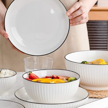 Household Dish Plate Ceramic Plate Kitchen Simple Ceramic Plate Vertical Pattern and Simple Two Types Shipped Randomly