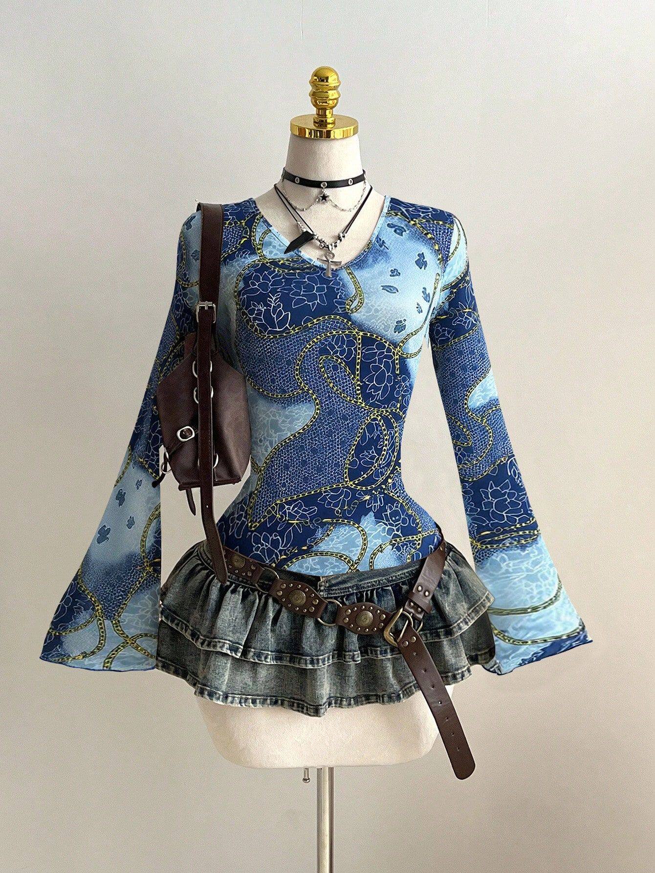 Slim Fit Floral Print V Neck Long Sleeve Dress Bell Sleeve Sexy Style Perfect for Parties Ready to Ship