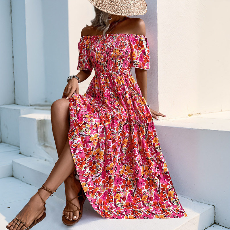 Bohemian Floral Print Dress Off Shoulder Puff Sleeves Elegant Design Perfect for Summer Events Wholesale Available