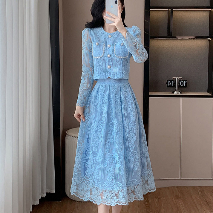 Chic French Style Embroidered Sheer Blouse with Round Neck High Waist Slimming Midi Skirt Set Elegant Casual Wear