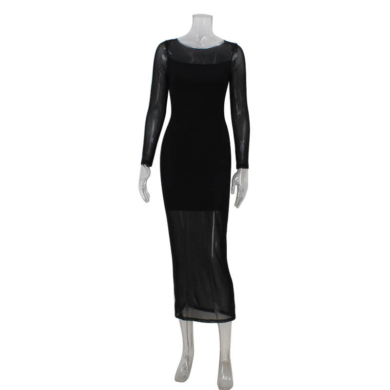 Elegant Long Sleeve Bodycon Dress with Round Neck and Sheer Mesh Panels Perfect for Red Carpet Events Wholesale Available