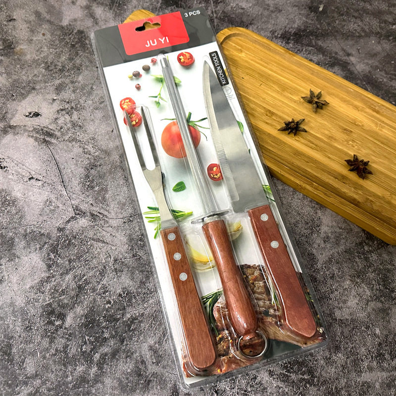 Foreign Trade Products Barbecue Tools Three-Piece Set Stainless Steel Kitchen Knife Single-Sided Suction Double-Sided Suction Wooden Handle Barbecue Fork Sharpening Stick