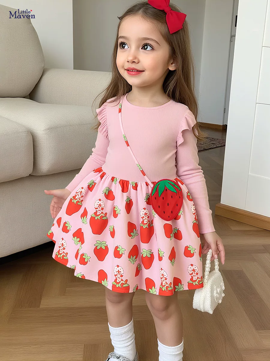 Girls' Dress, Autumn Long-sleeve Kids' Dress, Cute Strawberry Kids' Dress
