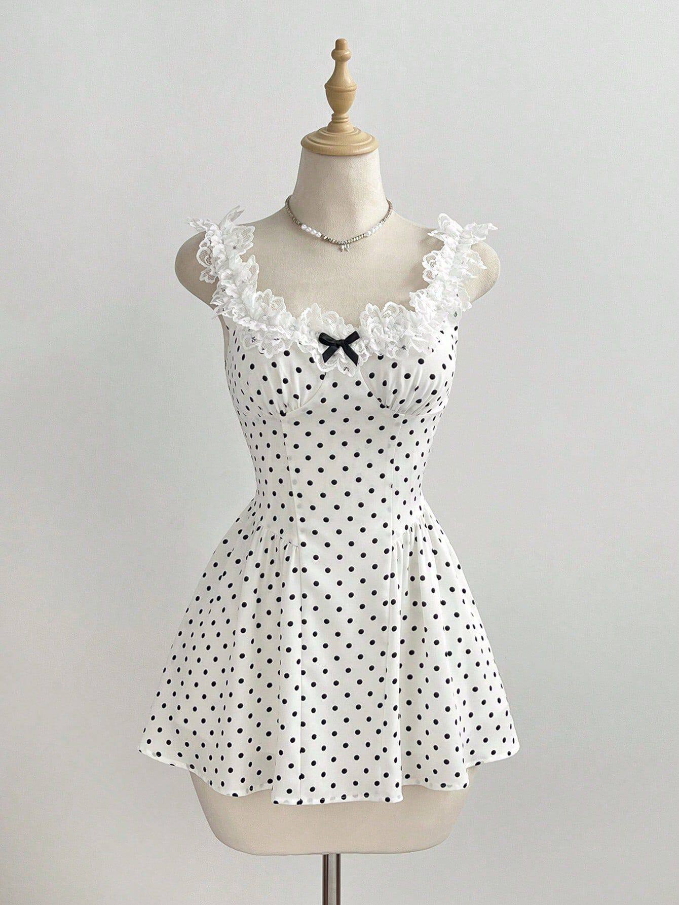 Mini A Line Dress Lace Trim Polka Dot Bow Detail Casual Wear for Women Ready to Ship fast shipping