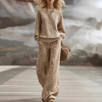 2025 Autumn and Winter European and American Amazon Cross-Border Light Brown Leopard Print Suit Long-Sleeved Slim Sweatshirt Retro Casual Pants for Women