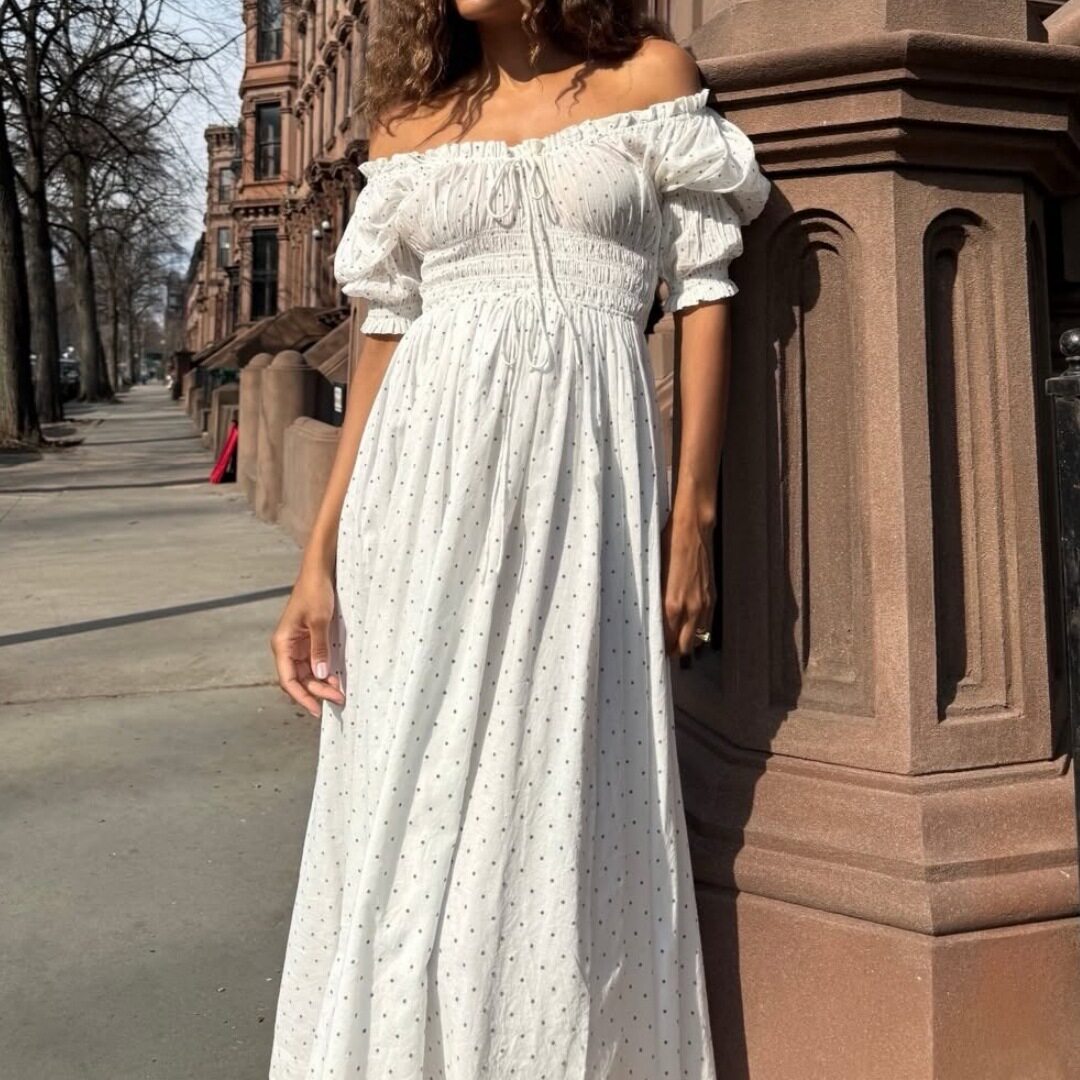 Womens Vintage Polka Dot Long Dress Elegant Fit Puff Sleeves French Style Summer Occasion Wholesale Available
