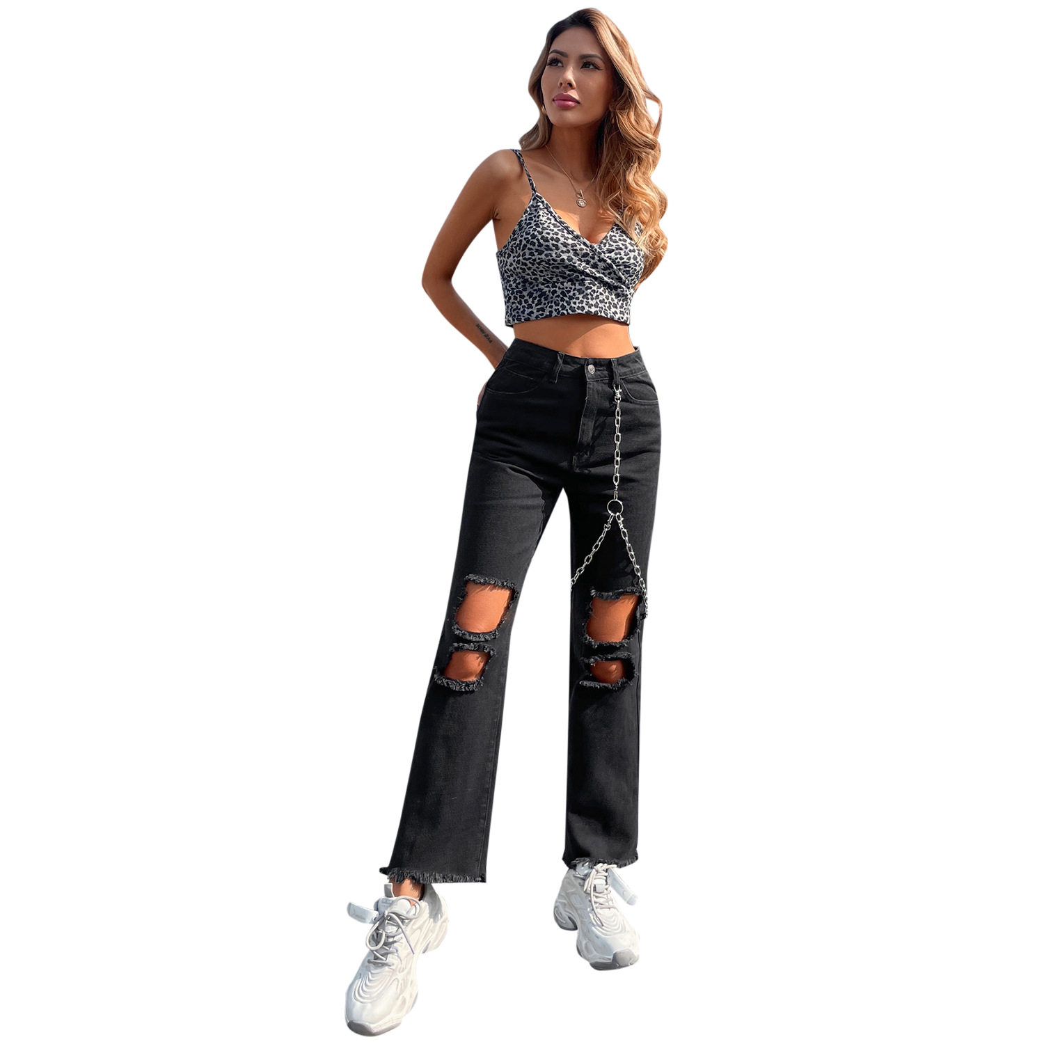 Womens Casual Ripped Denim Pants Trendy Chain Detail Stylish Fit Comfortable Fabric Perfect for Everyday Wear