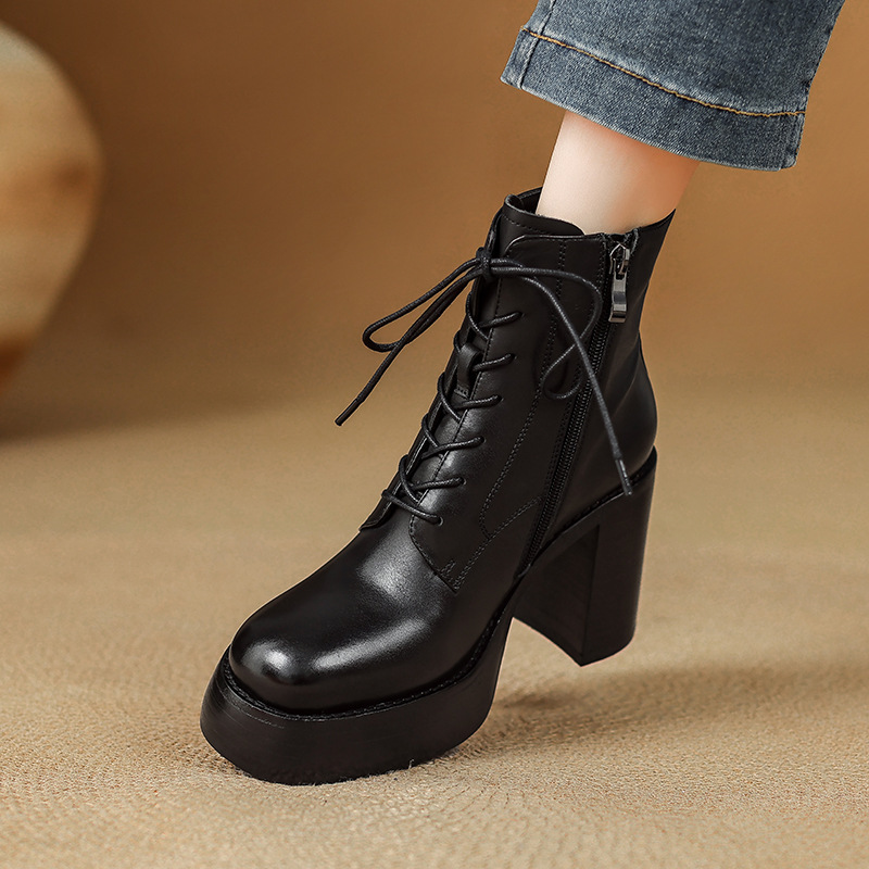 Boot Martin nữ đế dày gót thô buộc dây tăng chiều cao mũi tròn da bò thật — Lớp lót đơn màu nâu, Lớp lót nhung màu nâu, Màu đen một lớp, nhung đen
