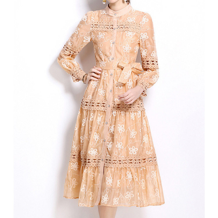 Elegant French Lace Trimmed Long Dress High End Embroidery Lantern Sleeves Autumn Fashion Wholesale Available
