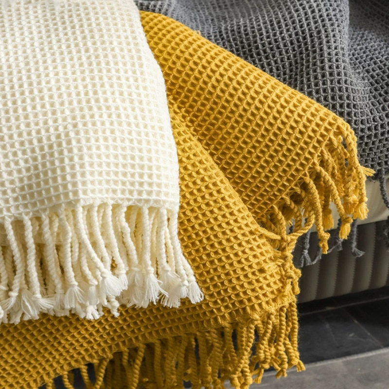 F5 Waffle Solid Color Throw Blanket Sofa Cover Blanket Bedroom Leisure Soft Furnishing Blanket Homestay Bed End Versatile Blanket