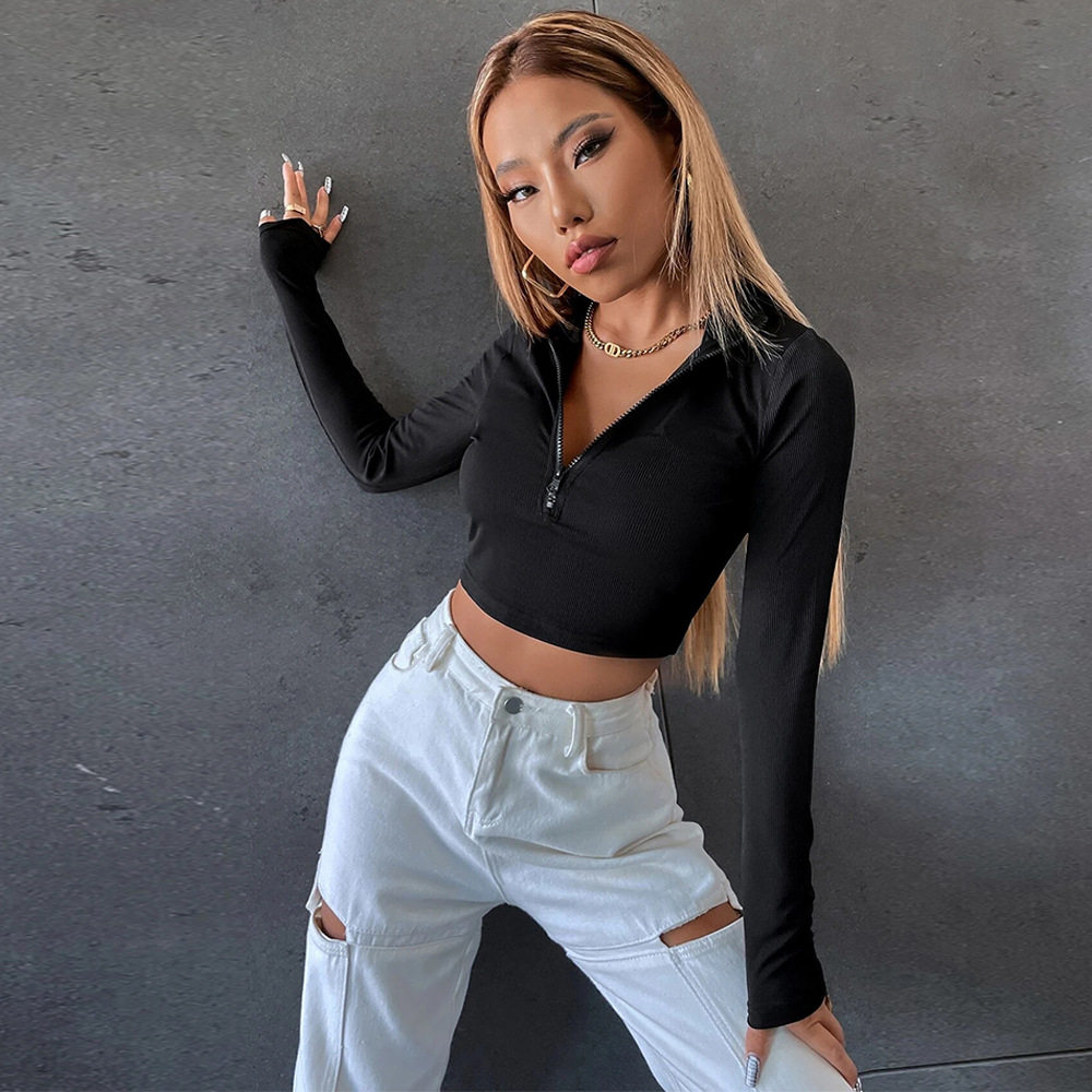 Slim Fit Short Knit Long Sleeve T Shirt Y2K Style Stand Collar Trendy Design Spring Summer Collection Wholesale